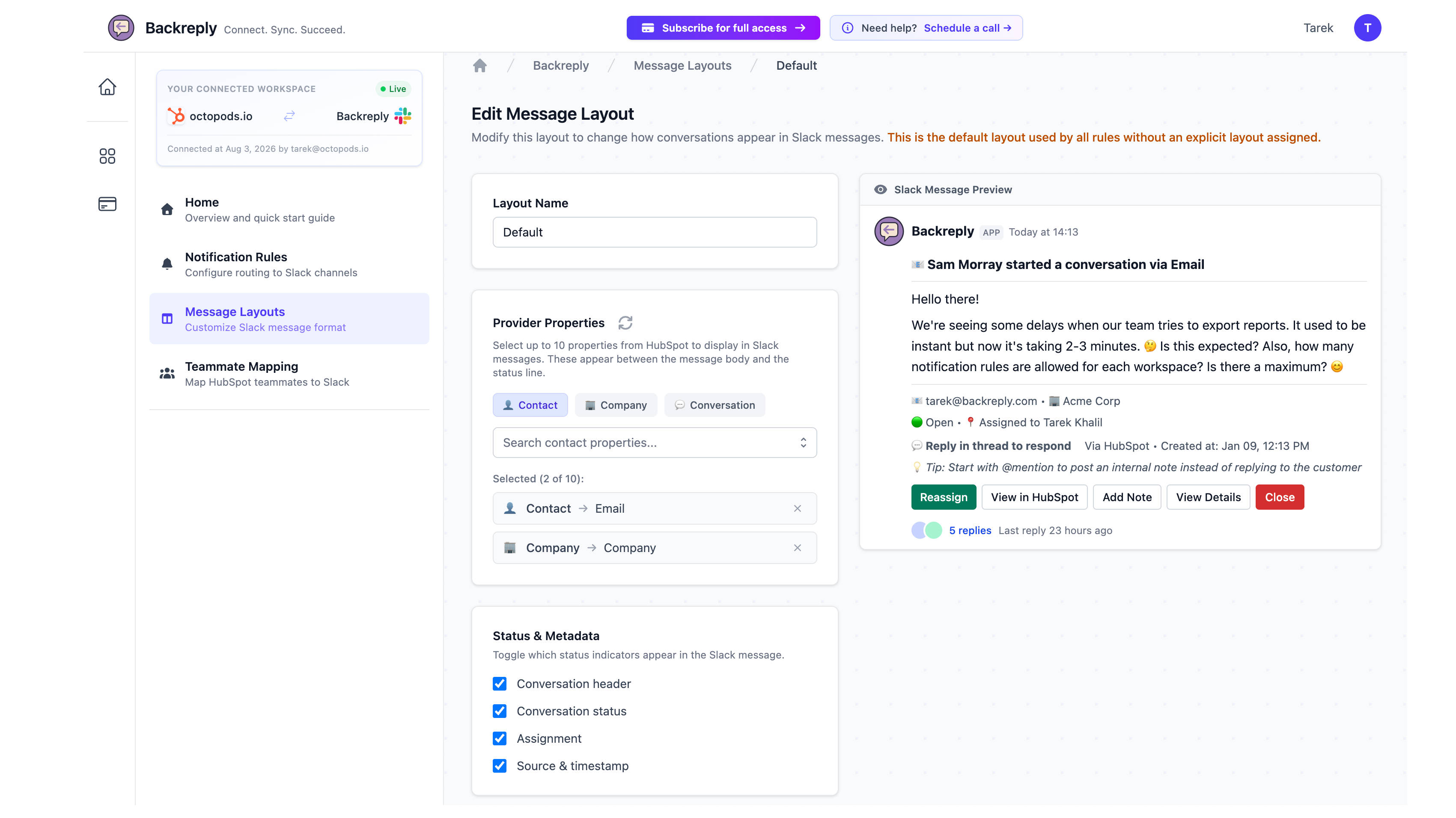 Customize the Slack card with Message Layouts