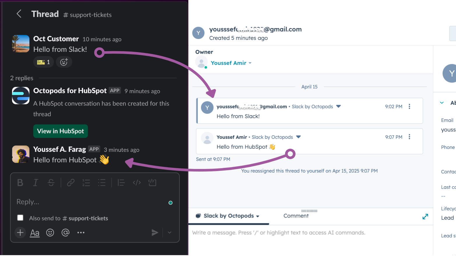 Send & receive Slack thread messages right at the HubSpot Inbox
