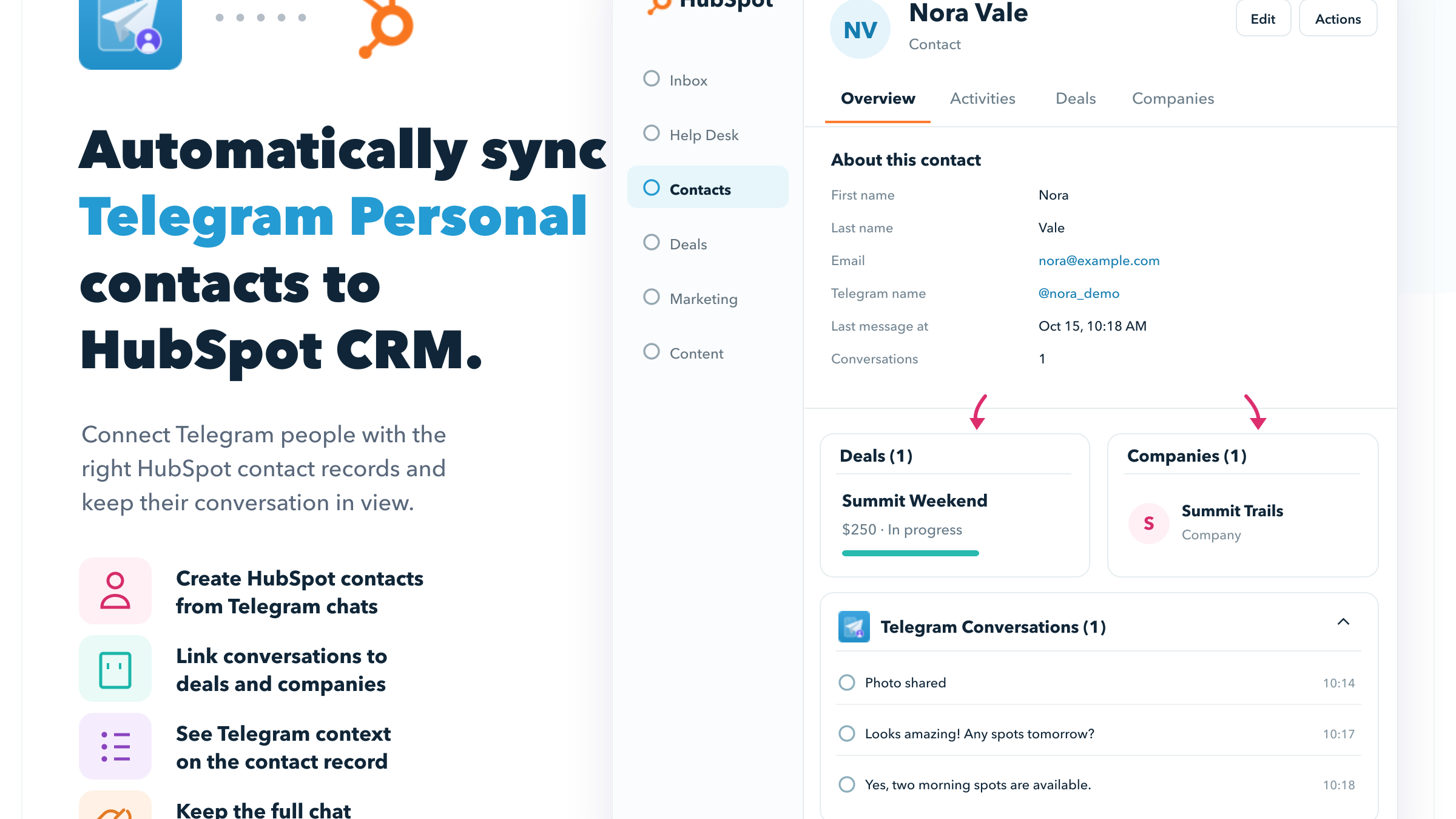 Telegram Personal contacts synced to HubSpot CRM