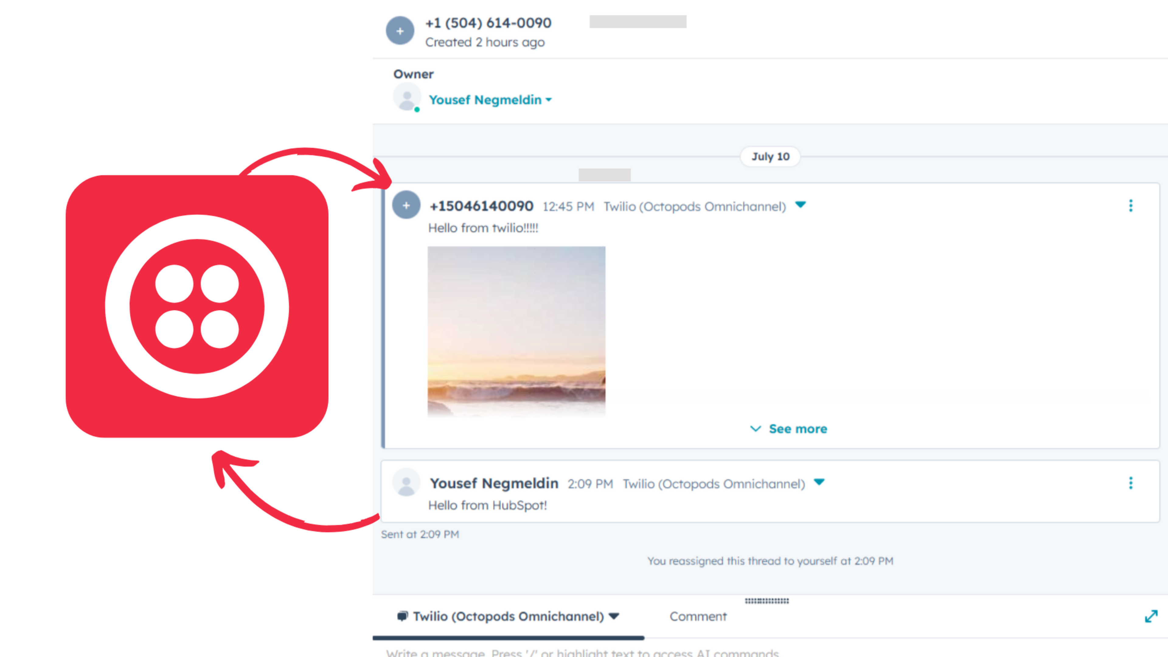 Send & receive Twilio SMS messages right at your HubSpot HelpDesk or Inbox