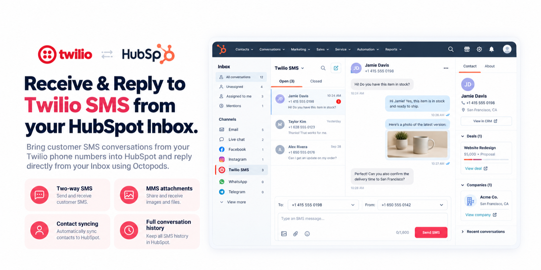 Send & receive Twilio SMS messages right at your HubSpot HelpDesk or Inbox