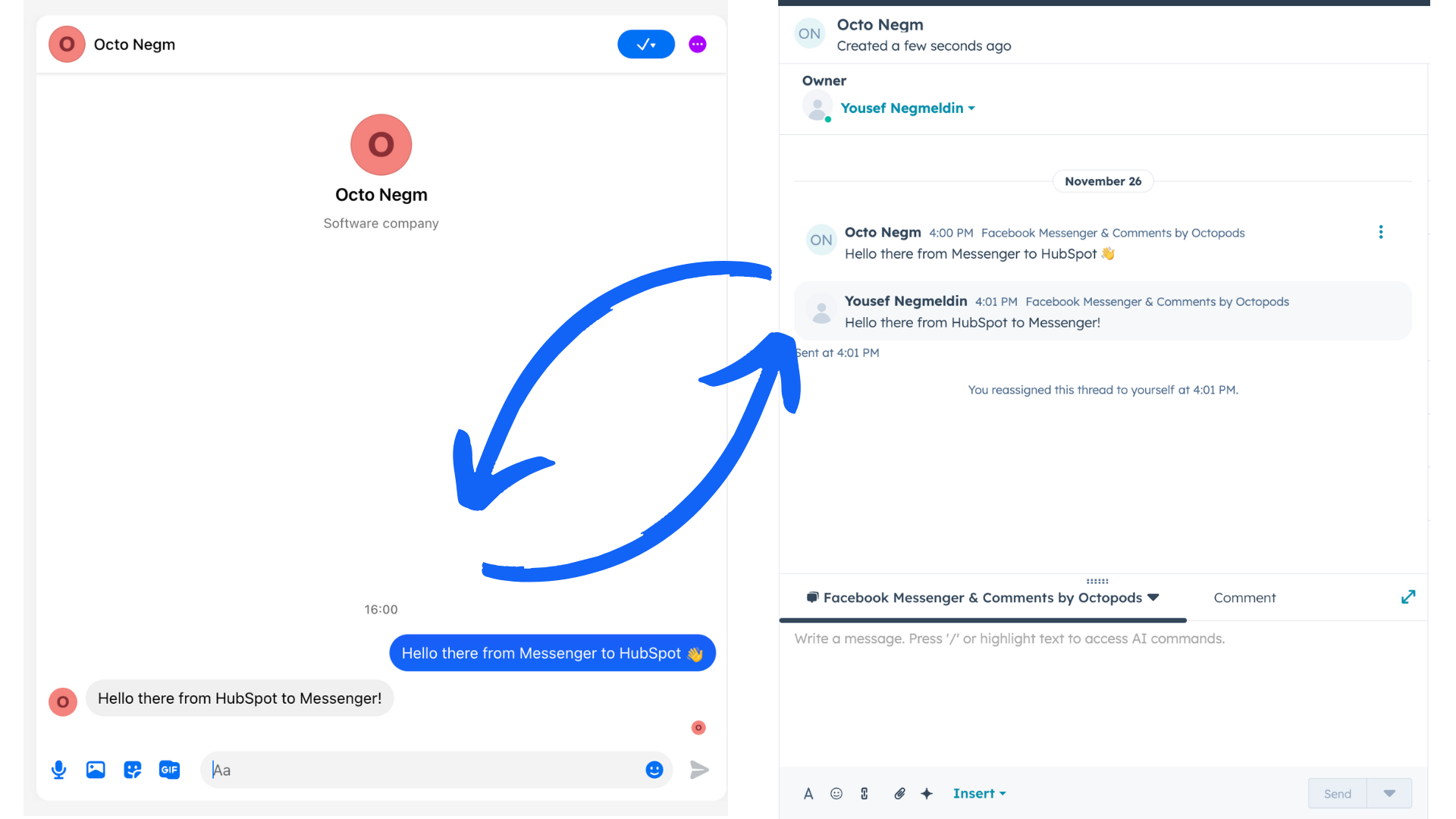 Synced conversation between HubSpot and Messenger